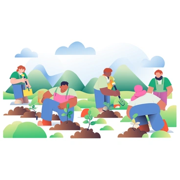 A group of volunteers is planting young green trees in an open field. The volunteers are a diverse group, including individuals with different skin tones and hair colors, all wearing casual clothes suitable for outdoor work. Some are kneeling in the soil, carefully placing young trees into freshly dug holes, while others are standing and holding shovels or watering cans. The open field is filled with patches of lush green grass, and in the background, there are a few distant hills. Above them, the sky is a bright blue, with a few fluffy white clouds scattered throughout.