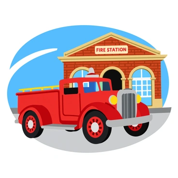 An old-fashioned fire truck with a bright red body and shiny chrome details is parked in front of a historic fire station. The fire truck features large, spoked wheels and a prominent bell on top. The fire station is a brick building with tall arched windows and a decorative façade, showcasing its vintage architecture. Above the entrance, a faded sign reads "Fire Station" in bold letters. In the background, a clear blue sky provides a vibrant contrast to the scene.