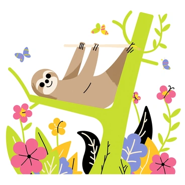 A sloth hanging lazily from a thick green branch, its soft fur displaying shades of brown and gray. The sloth has a relaxed expression on its face, with dark eyes and a slight smile. Surrounding the sloth are vibrant flowers in various colors, including bright pinks, deep purples, and sunny yellows. The garden is lush and filled with green foliage, providing a rich backdrop for the sloth and flowers. Butterflies in colorful patterns flutter around, adding movement to the scene.