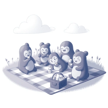 A group of several colon characters, each one depicted with cheerful expressions, is gathered together on a large checkered blanket spread out in a sunny meadow. The meadow is filled with tall grass and a few wildflowers scattered around. The colon characters are seated in various playful poses, some holding sandwiches, while others are sharing drinks from small cups. A picnic basket is open nearby, revealing fruits and snacks. The sky above is clear with a few fluffy clouds drifting by, adding to the light-hearted atmosphere of the scene.