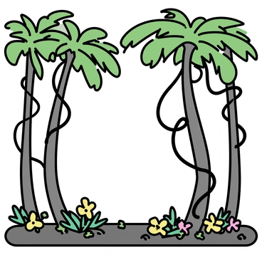 Thick, twisting vines hang down from towering trees in a tropical jungle. The trees have broad, lush green leaves, creating a dense canopy overhead. Sunlight filters through the foliage, casting dappled shadows on the forest floor. The ground is covered in rich, dark soil interspersed with small ferns and colorful tropical flowers. The scene conveys a sense of depth with varying heights of the vines and trees, creating a lush, vibrant atmosphere.