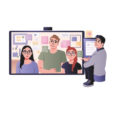 A digital flat illustration depicting a virtual meeting scene. In the center, there are four team members appearing on a large screen. The first member, a woman with light brown hair and glasses, is wearing a blue blouse. The second member, a man with dark curly hair, is dressed in a green t-shirt. The third member, a woman with red hair styled in a bun, is wearing a black sweater. The fourth member, a man with short black hair, is in a grey shirt. Each member has various design elements around them, including sketches and notes about an editorial illustration project. The background displays a home office setup with bookshelves and a plant, while colorful speech bubbles show snippets of ideas being shared.