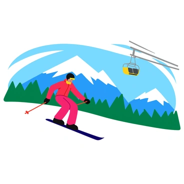 A ski lift pass featuring a vibrant illustration of "snow-capped mountains" in the background. The mountains show various shades of white and blue, highlighting the snowy peaks. In the foreground, there is a dynamic image of a "skier in action," wearing a bright red ski suit. The skier is mid-motion, with one ski lifted off the ground, showing excitement and speed. Above the skier, the ski lift is visible, illustrating the cables and chairs, complementing the winter sports theme. The overall composition conveys a lively winter scene.
