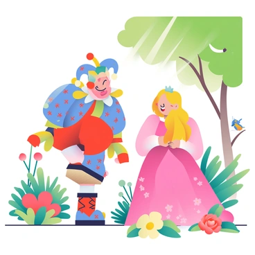 A jester with a colorful costume, featuring blue and red patterns, is playfully interacting with a princess in a lush garden. The jester is balancing on one foot and making a funny face, eliciting laughter from the princess. The princess has long, flowing golden hair and is wearing a beautiful, flowing pink gown adorned with delicate floral patterns. Surrounding them are vibrant flowers in various colors, including red roses and yellow daisies, as well as tall green ferns. In the background, there are shade-giving trees with bright green leaves filtering sunlight, creating a warm and inviting atmosphere. A small bird is perched on a nearby branch, watching the scene unfold.