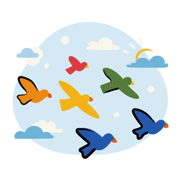 A group of birds in various colors soaring through the sky, with fluffy clouds scattered throughout and rays of sunlight breaking through.