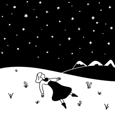 A woman with long flowing hair is lying on a grassy hill, looking up at a sky filled with stars. The stars are depicted in various sizes and brightness, creating a vast celestial display. The hill is gently sloping, with patches of grass and wildflowers scattered across its surface. A few distant hills are visible in the background, silhouetted against the night sky. The woman is dressed in a flowing dress, and her arms are stretched out beside her, creating a sense of relaxation and wonder. The overall composition emphasizes the connection between the woman and the expansive starry night above her.