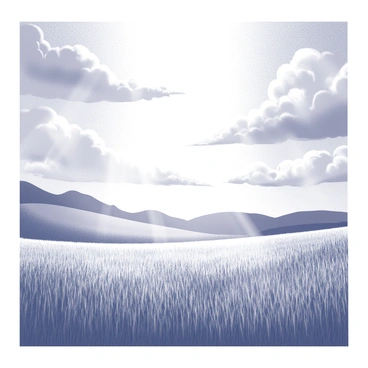 A vast meadow filled with tall grass swaying gently in a light breeze. The sky above is covered with a thick layer of clouds, through which bright sunbeams pierce, illuminating patches of the ground below. The light creates a contrast between the dark clouds and the vibrant greenery of the grass. In the distance, gentle hills rise, adding depth to the serene landscape.