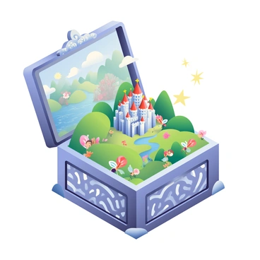 An illustration box that opens to reveal a miniature fantasy world with castles, forests, and tiny creatures.