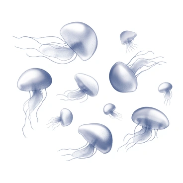 A collection of abstract shapes resembling jellyfish in various sizes. The forms are fluid and graceful, capturing the essence of movement with elongated, trailing appendages that suggest motion. The shapes are arranged dynamically across the composition, creating a sense of rhythm and flow. Some shapes are more rounded while others are elongated, illustrating the diversity of jellyfish forms. The background is minimal, allowing the focus to remain on the intricate details of the jellyfish-inspired shapes.