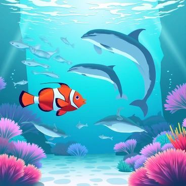 An underwater scene showcasing a vibrant coral reef teeming with diverse marine life. Colorful fish of various species swim gracefully through the water, each exhibiting unique tailfin designs. A clownfish with an orange and white pattern darts playfully among the anemones. Nearby, a majestic angelfish displays its elongated, elegantly shaped tailfin in striking shades of blue and yellow. In the background, a school of small, silver fish swims in synchrony, their forked tailfins creating a mesmerizing movement. A sleek dolphin gracefully arcs through the water, its powerful tailfin propelling it effortlessly. Brightly colored corals provide a stunning backdrop, enhancing the richness of this underwater ecosystem. Sunlight filters through the water's surface, casting shimmering patterns on the sandy ocean floor.