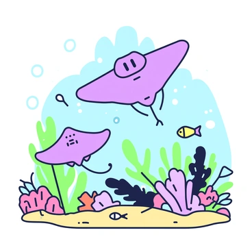 A manta ray is swimming gracefully above a vibrant coral reef. The manta ray is large, with its distinctive wing-like fins spread wide. Below it, a smaller stingray glides along the sandy seabed. The coral habitat features various shapes and sizes of coral, creating a rich underwater landscape. Brightly colored fish swim amongst the corals, adding to the lively scene. Sunlight filters down through the water, casting gentle rays onto the manta ray and the surrounding corals.