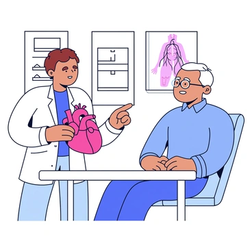 A doctor with short brown hair wearing a white coat is standing beside a patient who is sitting on an examination table. The doctor is holding a detailed heart model in one hand while pointing at it with the other hand. The heart model is bright red and accurately represents the different chambers and arteries. The clinic is bright and well-organized, with medical charts on the wall and an anatomical poster of the human body in the background. The patient, a middle-aged man with glasses, is attentively listening and looking at the model.