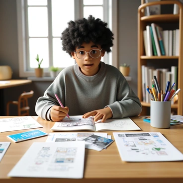 An artist illustrating a book page, with drafts and notes scattered around