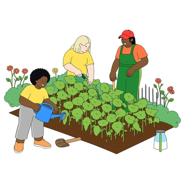 A diverse group of community members is actively tending to a row of green sweet bean plants in a shared garden. There are three individuals: one person with dark skin and curly hair wearing a bright yellow t-shirt, gently watering the plants with a blue watering can. Next to them, a person with light skin and straight blonde hair in a green apron is using a small spade to loosen the soil around the plants. Finally, a person with medium skin and braids, wearing a red baseball cap and overalls, is checking the leaves for any pests. The garden is filled with various tools like a rake and a garden hoe, and the surrounding area features bright flowers in bloom, adding color to the scene.