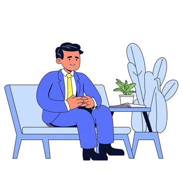 A candidate sits in a waiting room, wearing a neatly pressed suit. Their hands are clasped tightly together in their lap, with fingers interlaced. The candidate has short, neatly combed hair and a focused expression on their face, displaying signs of nervous anticipation. The waiting room features a few chairs, a small side table with a magazine, and a potted plant in the corner. Soft lighting creates a calm atmosphere in the room.