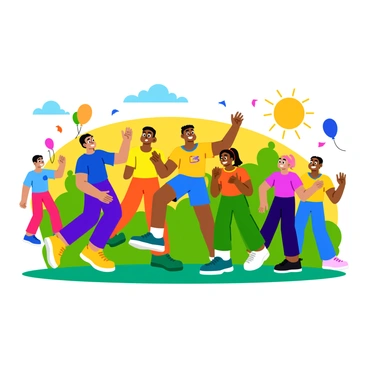 A group of diverse athletes celebrating together in a vibrant park setting. Each player showcases a unique uniform in bright colors, representing different sports like soccer, basketball, and track. Some players are jumping with excitement, while others are high-fiving or cheering. A joyful expression is present on each face, highlighting their camaraderie. The sun is shining down, casting a warm glow on the scene, and a few colorful balloons are floating in the background.