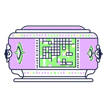 A sarcophagus lid is positioned horizontally, displaying an intricate crossword puzzle design engraved on its surface. The crossword features a series of interlocking words and clues, with varying sizes of squares forming the puzzle grid. Around the edges of the lid, ornate decorations complement the puzzle, including stylized motifs and patterns that enhance the overall appearance. The texture of the lid is smooth, and shadows cast subtle depth, highlighting the complexity of the crossword design.