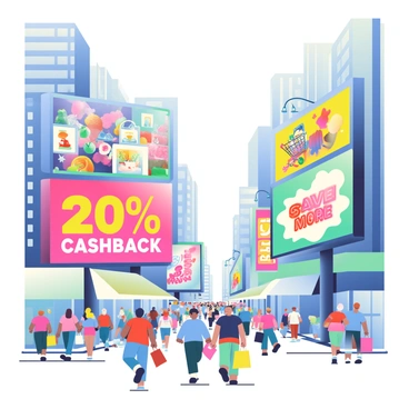 A bustling cityscape is filled with tall buildings made of glass and steel. The streets below are crowded with people walking, some carrying shopping bags. Bright billboards tower above, each showcasing vibrant advertisements for various cashback deals. One billboard features a large "20% Cashback" text in bold letters alongside images of popular products. Another billboard displays a colorful graphic of a shopping cart overflowing with items, with the words "Save More" prominently featured. The scene is illuminated by colorful neon lights and the hustle and bustle of the city creates an energetic atmosphere.