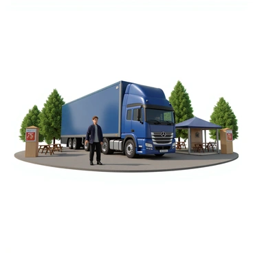 A large blue transport truck with a shiny metal grille and chrome wheels is parked at a rest stop. The truck has a long trailer, prominently displaying the company logo on its side. In front of the truck, a male driver with medium skin tone and short brown hair is walking towards a nearby coffee stand. He is wearing a dark blue jacket over a gray shirt and black pants. The rest stop features several picnic tables and green trees in the background, creating a casual environment. A colorful sign indicating "Coffee Stand" is visible near the entrance of the stand.