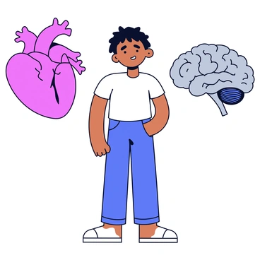 A character is depicted standing upright at the center of the image. On one side, there is a large red heart, symbolizing emotional desire, with intricate details showing its shape and texture. On the opposite side, there is a gray brain, representing rational thought, with visible folds and grooves. The character's expression is conflicted, showing a mix of determination and uncertainty. The heart and brain are connected to the character, emphasizing their internal struggle. Each element is characterized by bold outlines and minimal shading to enhance clarity.