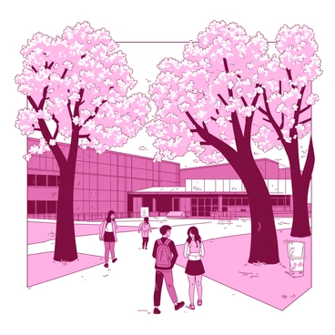 A vibrant scene of "cherry blossoms in full bloom" covers the BCU campus during spring. The branches of the trees are laden with delicate "pink flowers" that create a stunning canopy above. Beneath the trees, students are walking along pathways, some stopping to admire the blossoms. In the background, the architecture of the campus buildings is visible, framed by the "pink" blooms. The sunlight filters through the flowers, casting soft shadows on the ground, enhancing the beauty of this springtime moment.