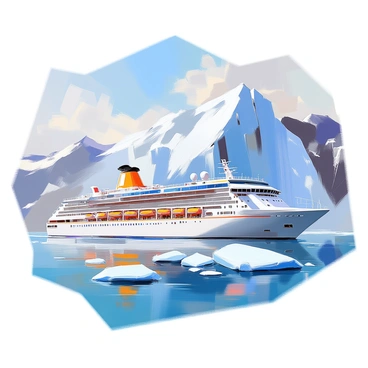 A large cruise ship is navigating through the icy waters of Alaska, surrounded by towering glaciers that rise majestically in the background. The ship is white with colorful accents and is laden with passengers enjoying the scenic view from its decks. The glaciers are a brilliant blue and white, with intricate crevasses and ice formations that catch the light. The water around the ship has a deep blue hue, with small icebergs floating gently nearby. The sky above is clear with a few wispy clouds, enhancing the grandeur of the scene.