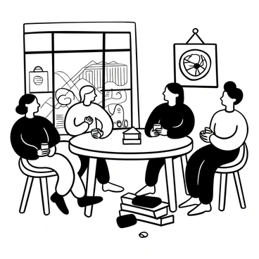 A group of illustrators seated around a large, round wooden table inside a NYC gallery. Each illustrator is engaged in conversation, holding coffee cups. One illustrator is showing a sketchbook filled with detailed drawings, while another is pointing at a framed illustration hanging on the wall. The atmosphere is lively, with stacks of art magazines and notebooks scattered on the table. A large window reveals a view of the busy NYC street outside.