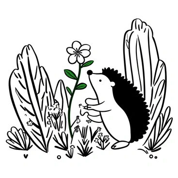 A small hedgehog with spiky quills is sniffing at a delicate evening primrose flower. The flower is positioned prominently on a green stem, with its petals unfurling gently. Surrounding the hedgehog is a dense collection of forest foliage, including leaves and ferns. Soft shadows are cast by the trees in the background, creating a sense of depth in the forest environment. A few scattered wildflowers are visible on the forest floor, enhancing the natural setting.