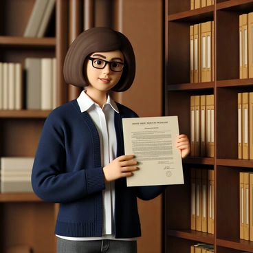A librarian with short brown hair and glasses is carefully placing a signed executive order into a large wooden archive cabinet filled with historical documents. She is wearing a navy blue cardigan over a white blouse, and she has a focused expression on her face. The archive is well-organized, with neatly labeled folders and various historical papers visible in the background. The room is softly lit, highlighting the rich textures of the wooden furniture and the aged paper. The executive order is prominently displayed in her hands, featuring an official seal and signature.