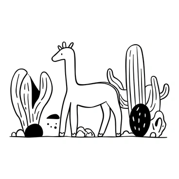 A chameau standing on sandy terrain, grazing near unique desert plants with distinctive shapes and textures. Several cacti can be seen in the surrounding area, each with varying heights and forms. The scene features a vast expanse of desert landscape in the background, with scattered rocks and pebbles dotting the ground. The sky overhead is clear, emphasizing the arid environment.