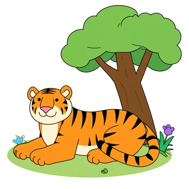 A cartoon-style tiger with a round nose is lounging comfortably beneath a cartoon tree. The tiger has bright orange fur adorned with exaggerated black stripes that curve and swirl playfully. Its large, expressive eyes are relaxed, and a wide smile stretches across its face, showcasing its friendly demeanor. The tree has a thick trunk and a canopy of oversized green leaves, with a few colorful flowers blooming around its base. Sunlight filters through the tree leaves, casting playful shadows on the ground where the tiger is resting.