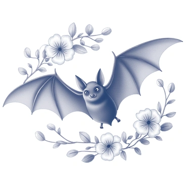 A bat with intricate wing patterns is featured in the center of the image. Its wings are extended, showcasing ornate details that resemble floral motifs, intertwining vines, and delicate petals. The bat's body is stylized with elaborate line work that enhances its features. Surrounding the bat are various floral arrangements, including leaves and blossoms that complement the design. The entire composition is filled with intricate details, creating a harmonious balance between the bat and the floral elements.