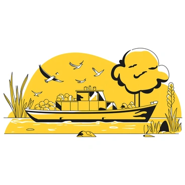 A barge gliding silently through a tranquil bird sanctuary, surrounded by a variety of birds in flight. The barge is loaded with natural materials, reflecting its purpose of blending into the environment. Birds of different species are soaring above the water, their wings spread wide. Some birds are perched on the edges of the barge, while others are seen diving towards the water. The greenery of the sanctuary is lush, with tall grasses and scattered trees lining the banks, creating a serene backdrop for this peaceful scene.