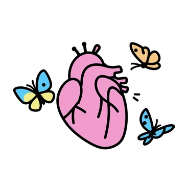 A realistic human heart in vibrant red hues, detailed with visible veins and arteries. Surrounding the heart are several butterflies with colorful patterns on their wings, including blues, yellows, and oranges. The butterflies are in various positions, some hovering close to the heart while others are in mid-flight, creating a sense of movement around the heart.