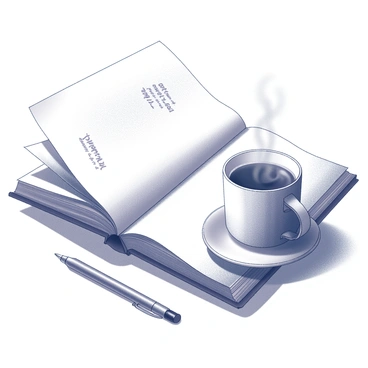 A travel journal with aged pages and singed edges is placed on a wooden surface. The journal is partially open, revealing handwritten notes and sketches. Next to it, a steaming cup of coffee sits, with a delicate handle and a smooth surface reflecting the light. The scene conveys a sense of adventure and contemplation, as if the journal is eager to be filled with new experiences. A faint outline of a pen lies nearby, suggesting ongoing creativity and thought.