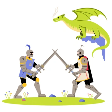 Two knights in shining armor face each other in a dramatic duel, each wielding ornate swords that glint in the light. One knight has a blue plume on their helmet, while the other sports a red one. The knights stand on a grassy battlefield surrounded by small rocks and scattered wildflowers. Above them, a large dragon with green scales and sharp claws perches on a cliff, its eyes fixed on the duel, adding tension to the scene. The dragon's wings are spread wide, showcasing its impressive wingspan, while smoke curls from its nostrils.