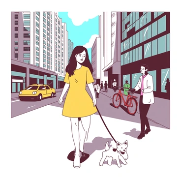 A girl with long brown hair wearing a yellow dress is walking her small white dog on a busy city street. The dog is excitedly pulling at the leash, looking around. Tall buildings with large glass windows rise on either side of the street, reflecting the sunlight. People are bustling around, some are talking on their phones, while others are engaged in conversations. A red bicycle rests against a nearby building, and a yellow taxi cab drives past in the background.