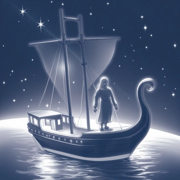 Eärendil is depicted standing on the deck of his ship, Vingilot. The ship is intricately designed with flowing lines and ornate details, resembling a vessel that could soar through the stars. Eärendil is shown with determined features, his hair flowing in the celestial winds as he navigates the vast expanse of the night sky. The backdrop is filled with numerous stars twinkling against the deep black of space. Eärendil's radiant ship has a luminous aura surrounding it, casting glowing reflections in the surrounding darkness. The scene conveys a sense of adventure and exploration across the cosmic ocean.