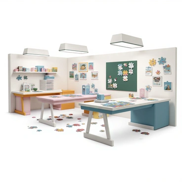 A spacious garage, well-lit with bright overhead lights, is dedicated to puzzles. Several tables are set up, each featuring jigsaw puzzles in various stages of completion. One table displays a colorful landscape puzzle with a few pieces missing, while another has a challenging abstract design with scattered pieces around it. A shelf on the wall is filled with completed puzzles, all framed and hung. The floor is scattered with puzzle pieces, and a large corkboard nearby displays puzzle-related notes and tips. Various puzzle boxes are neatly stacked against the walls, showcasing a range of themes and difficulties.