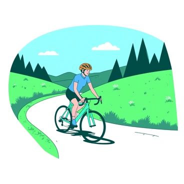 A cyclist with a bright orange helmet is riding a teal bicycle along a winding road. The cyclist is wearing a fitted blue jersey and black shorts, with a focused expression on their face. On either side of the road, there are lush green fields filled with vibrant grass and scattered wildflowers. A few tall trees line the edges of the fields, creating a backdrop of greenery under a clear blue sky. The road curves gently, leading the cyclist further into the scenic landscape.