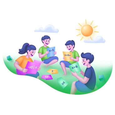 A group of children is seated on a vibrant green lawn, engaged in an energetic game. They are surrounded by colorful cards displaying various fun formulas. The cards are scattered around them, showcasing bright colors like yellow, blue, pink, and green. Each child holds a card in their hands, while others look eagerly at the formulas. The sun shines down warmly, illuminating their joyful expressions as they work together to solve the puzzles. Laughter and excitement fill the air as they share ideas and strategize their next moves.