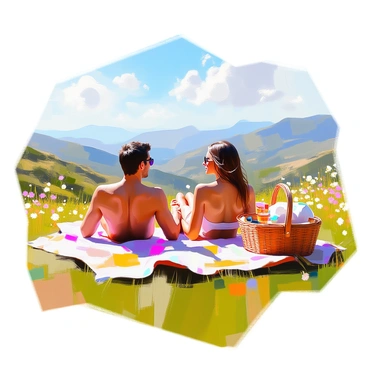A couple sunbathing on the grassy slopes of Mont Ventoux, enjoying a sunny day. The man has short dark hair and is wearing sunglasses, lying on a colorful beach towel. The woman has long brown hair and is wearing a light summer dress, sitting beside him with a relaxed expression. The lush green grass surrounds them, and wildflowers peek through. In the background, there is a breathtaking view of rolling hills and distant mountains under a clear blue sky, hinting at the beauty of the French countryside. A picnic basket rests nearby, adding to the serene atmosphere of their outing.