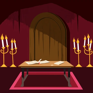A dimly lit chamber featuring walls adorned with deep red heavy drapes. Multiple flickering candles of various heights are placed on ornate gold candle holders, casting dancing shadows across the room. A large, wooden table is positioned in the center, with a few scattered scrolls and a quill resting on top. The floor is covered with a richly patterned dark carpet, and a large, intricately carved wooden door is slightly ajar in the background, hinting at another space beyond.