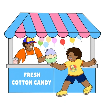 A vibrant cotton candy stall with a bright blue and pink striped canopy. The vendor is a cheerful person with a big smile, wearing a white apron and a colorful baseball cap. They are serving a fluffy, pastel-colored cotton candy to a small child who is jumping with excitement. The child has curly hair and is wearing a yellow t-shirt with a cartoon character on it. In the background, there are balloons and decorations, creating a festive atmosphere. The stall is adorned with jars of sprinkles and a sign that reads "Fresh Cotton Candy" in playful letters.