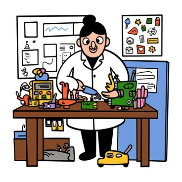 A man with light skin and short black hair, dressed in a white lab coat, is standing behind a wooden workbench. He has big eyes and is smiling with excitement. The workbench is filled with an array of quirky inventions, including a mechanical bird, a colorful gadget with buttons and levers, and a small robotic arm. Various tools such as pliers and screwdrivers are scattered around the bench. The background shows a cluttered workshop with blueprints and science posters hanging on the walls, adding to the creative atmosphere.