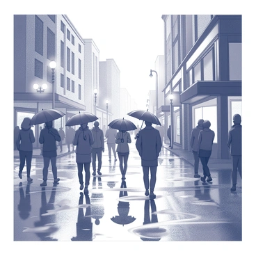 A bustling city street reflecting lights in the rain with people holding umbrellas