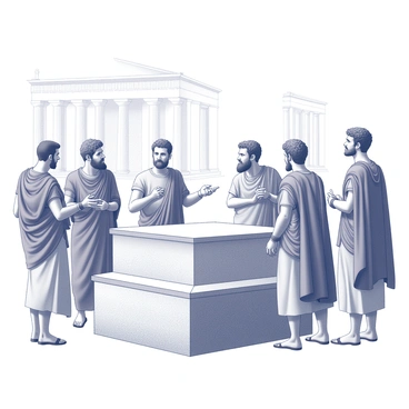 A group of several ancient Athenian men engaged in a discussion. They are gathered around a stone pedestal, representing the central point of the Agora. One man is gesturing emphatically, emphasizing a point, while another leans in, listening intently. Several others stand or sit nearby, each displaying varied expressions of contemplation. The surrounding area is filled with classical columns and stone structures, hinting at the rich architecture of the city. The scene captures the lively atmosphere of political and philosophical discourse in ancient Athens.