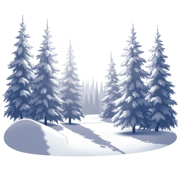A dense forest filled with tall evergreen trees, their branches heavily laden with snow. The ground is thickly covered in a white blanket of snow, creating a calm winter landscape. Sunlight filters through the branches, casting delicate shadows on the ground. Icicles hang from the edges of the tree branches, glistening in the light. The sky above is clear, providing a stark contrast to the white of the snow and the dark green of the trees.