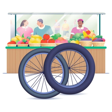 A bike tire with a black rubber surface is resting against a wooden market stall filled with colorful produce. The stall is overflowing with fresh fruits and vegetables, including bright red tomatoes, yellow bananas, and green peppers. There are woven baskets filled with assorted produce, arranged neatly on the stall. The background features shoppers interacting with vendors, creating a lively atmosphere. Sunlight shines down, casting soft shadows on the ground, enhancing the vibrant colors of the produce.