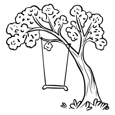 A wooden swing hanging from a thick branch of a large fig tree. The swing has simple rope attachments, gently swaying in the breeze. The fig tree has a sturdy trunk and an expansive canopy, with many leaves creating intricate patterns against the sky. Below the swing, the ground is covered with fallen leaves and small twigs, adding to the natural setting. The overall scene is tranquil and inviting, showcasing the beauty of nature surrounding the swing.